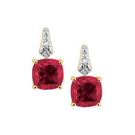Drop Earrings with Created Ruby & Diamonds in 10kt Yellow Gold Drop Earrings with Created Ruby & Diamonds in 10kt Yellow Gold