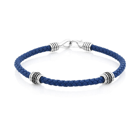 Blue Leather Bracelet with Cubic Zirconia in Sterling Silver