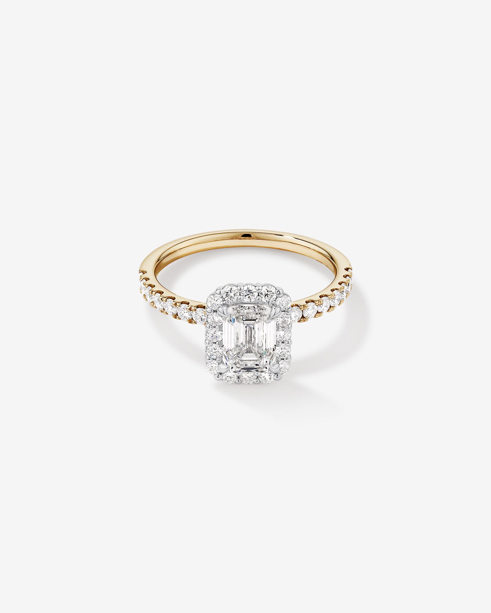 Bague de fiançailles TW Emerald Cut Emerald Diamond Halo de 1,78 carat en or jaune et blanc 14 carats