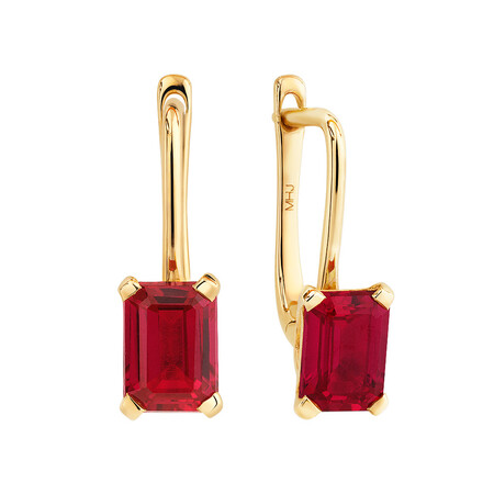Emerald Cut Drop Earrings with Laboratory Created Ruby in 10kt Yellow Gold Emerald Cut Drop Earrings with Laboratory Created Ruby in 10kt Yellow Gold