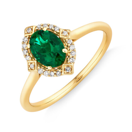 Halo Ring with Laboratory Created Emerald & Natural Diamonds in 10kt Yellow Gold Halo Ring with Laboratory Created Emerald & Natural Diamonds in 10kt Yellow Gold