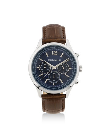 Men's Chronograph Watch in Stainless Steel & Brown Leather Men's Chronograph Watch in Stainless Steel & Brown Leather