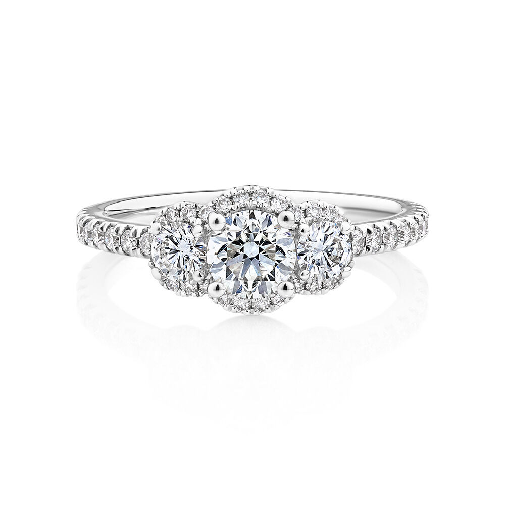 Sir Michael Hill Designer Three Stone Halo Engagement Ring with 1.07 Carat TW of Diamonds in 18kt White Gold