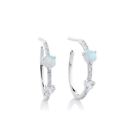 Hoop Earrings with Created Opal & Cubic Zirconia in Sterling Silver Hoop Earrings with Created Opal & Cubic Zirconia in Sterling Silver