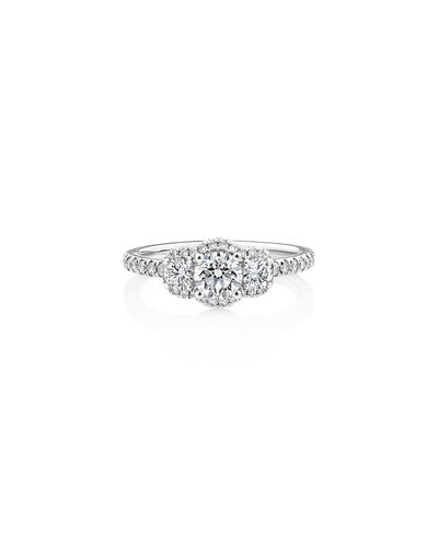 Sir Michael Hill Designer Three Stone Halo Engagement Ring with 1.07 Carat TW of Diamonds in 18kt White Gold