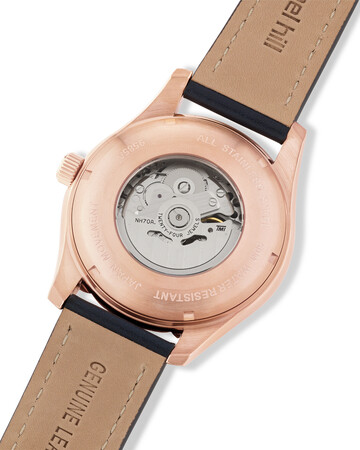 Michael Hill Automatic Skeleton Watch In Rose Tone Stainless Steel And Leather Michael Hill Automatic Skeleton Watch In Rose Tone Stainless Steel And Leather