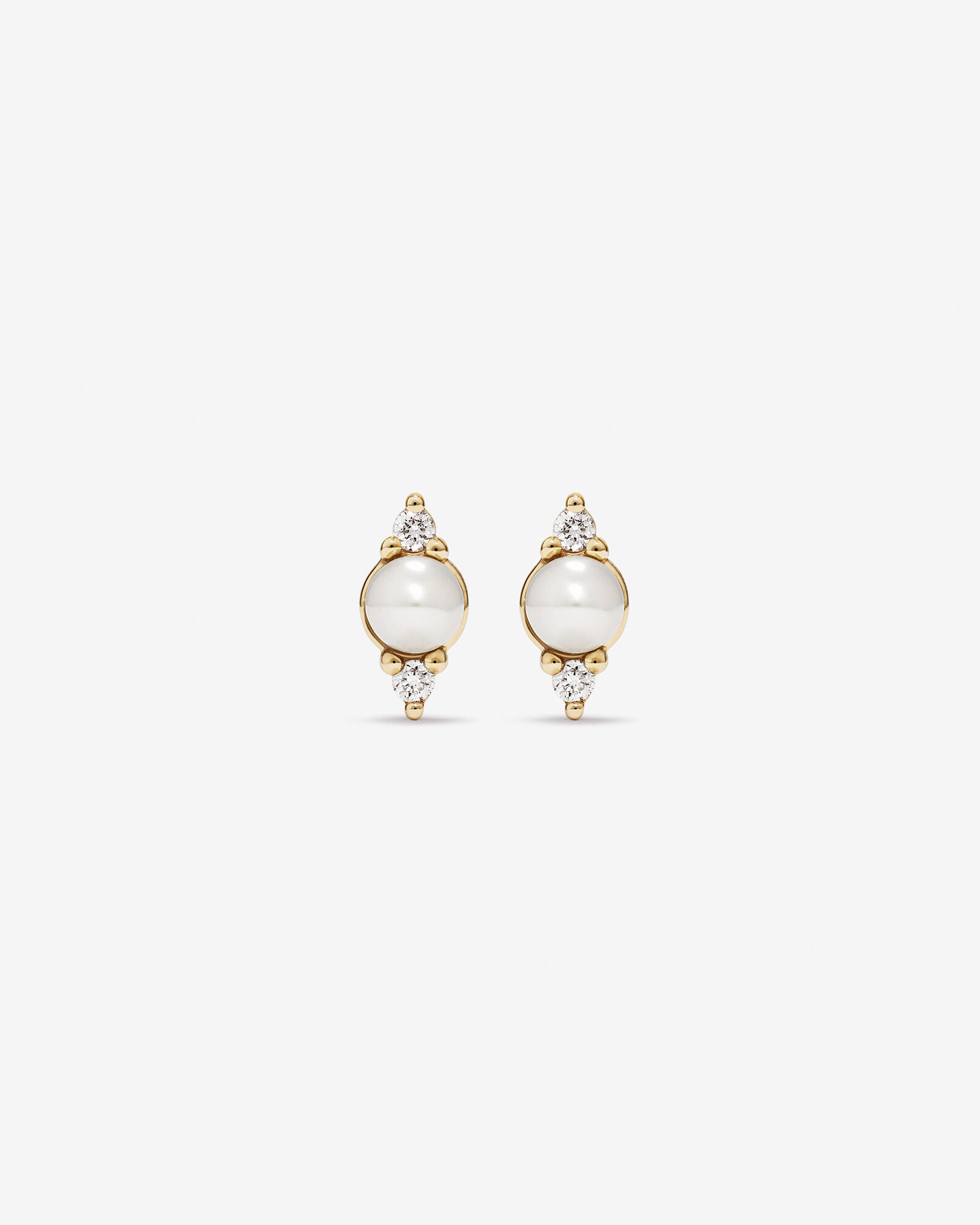 Three Stone Cultured Freshwater Pearl and Diamond Stud Earrings in 10kt Yellow Gold
