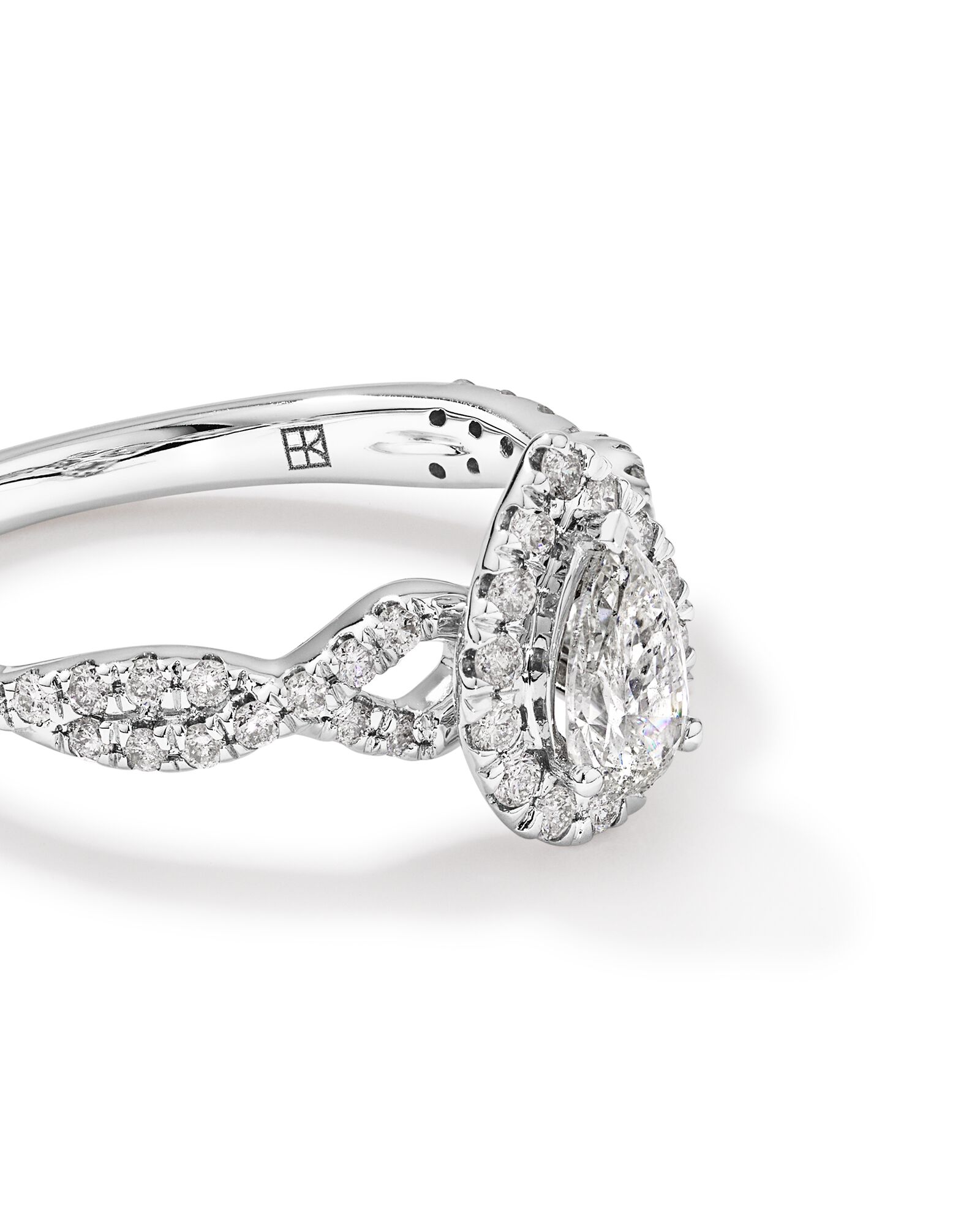 0.75 Carat TW Pear Cut Diamond Halo Twist Engagement Ring in 14kt White Gold