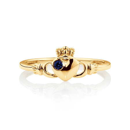 Claddagh Ring with Created Sapphire in 10kt Yellow Gold Claddagh Ring with Created Sapphire in 10kt Yellow Gold