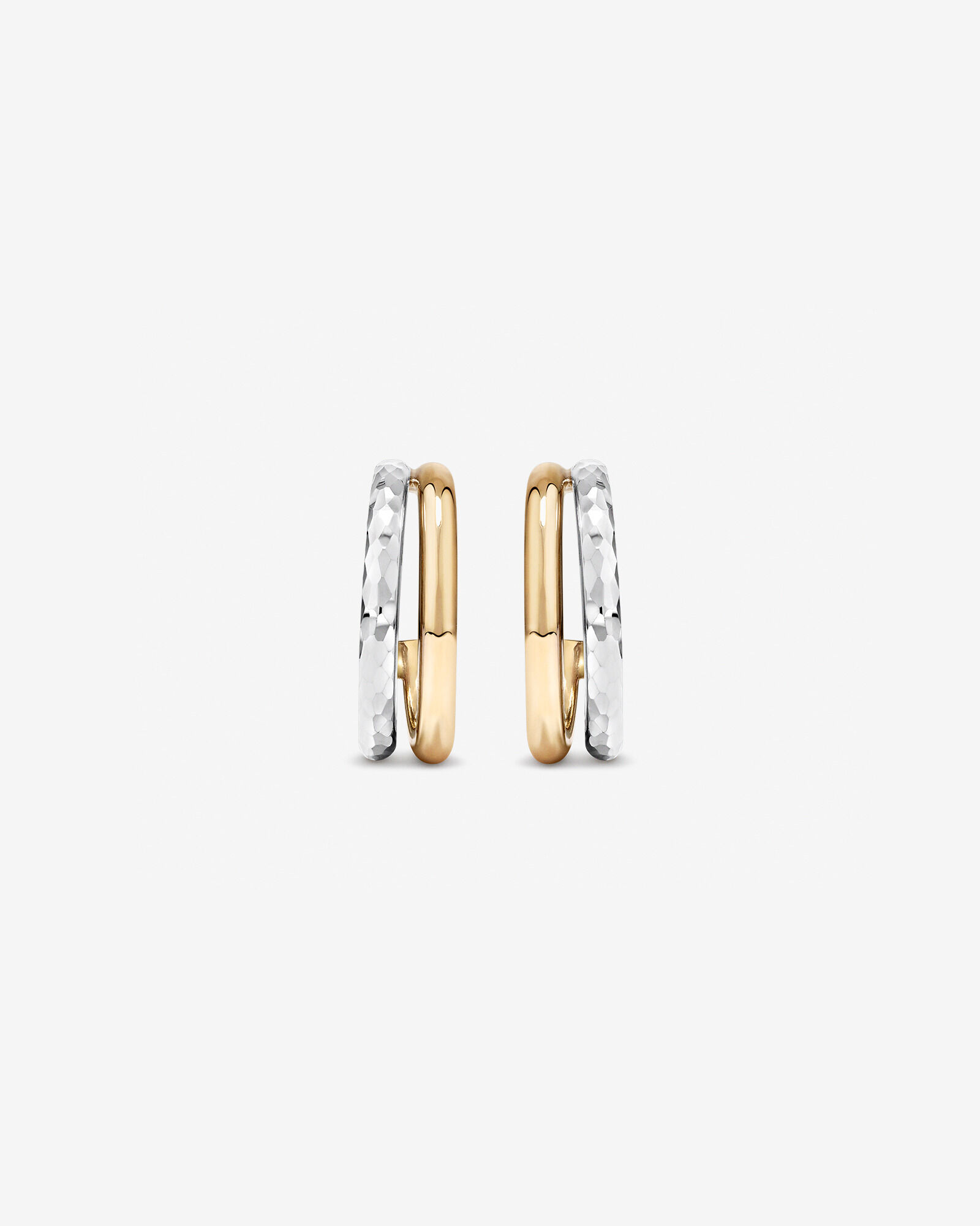 Two-Tone Double Half Hoop Hammered Finish Stud Earrings in 10kt White and Yellow Gold