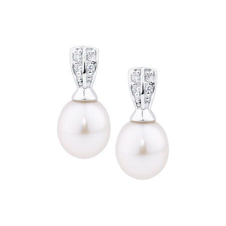 Drop Earrings with Cultured Freshwater Pearl & Cubic Zirconia in Sterling Silver