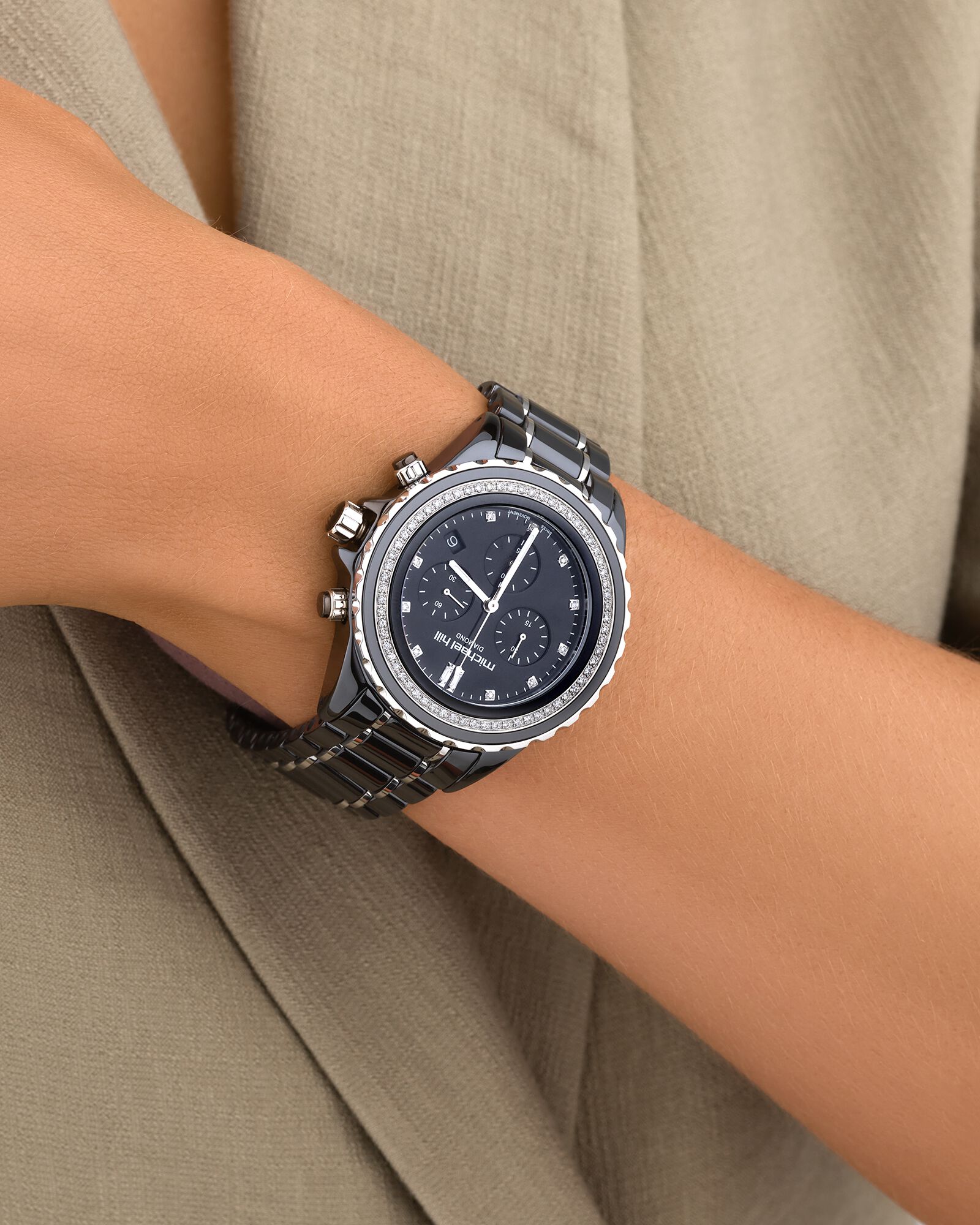 Unisex Chronograph Watch with 1/2 Carat TW of Diamonds Black Ceramic & Stainless Steel