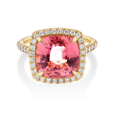Halo Ring with Pink Tourmaline & 0.64 Carat TW of Diamonds in 14kt Yellow Gold Halo Ring with Pink Tourmaline & 0.64 Carat TW of Diamonds in 14kt Yellow Gold