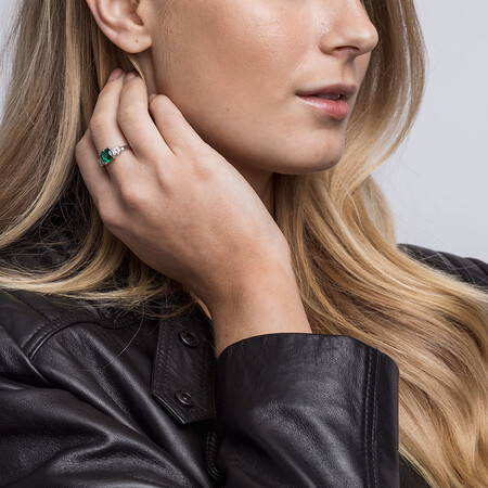 Ring with Diamonds & Created Emerald in 10kt White Gold Ring with Diamonds & Created Emerald in 10kt White Gold
