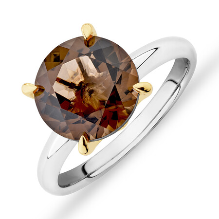10mm Smokey Quartz Ring in Sterling Silver & 10kt Yellow Gold 10mm Smokey Quartz Ring in Sterling Silver & 10kt Yellow Gold