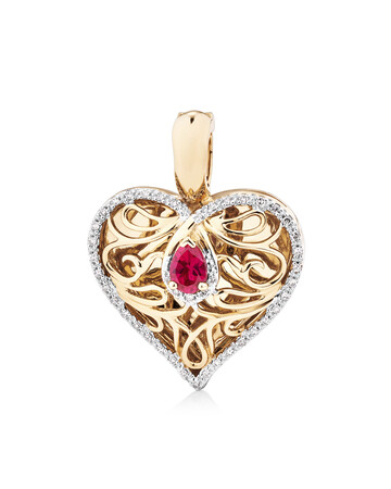 Heart Pendant with Created Ruby and 0.15 Carat TW of Diamonds in 10kt Yellow Gold Heart Pendant with Created Ruby and 0.15 Carat TW of Diamonds in 10kt Yellow Gold