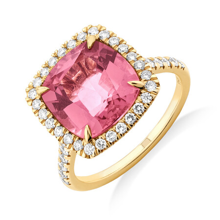 Halo Ring with Pink Tourmaline & 0.64 Carat TW of Diamonds in 14kt Yellow Gold Halo Ring with Pink Tourmaline & 0.64 Carat TW of Diamonds in 14kt Yellow Gold