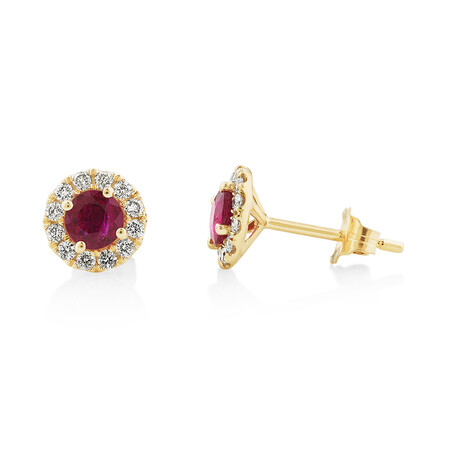 Halo Stud Earrings with Natural Ruby & 0.28 Carat TW of Diamonds in 10kt Yellow Gold Halo Stud Earrings with Natural Ruby & 0.28 Carat TW of Diamonds in 10kt Yellow Gold