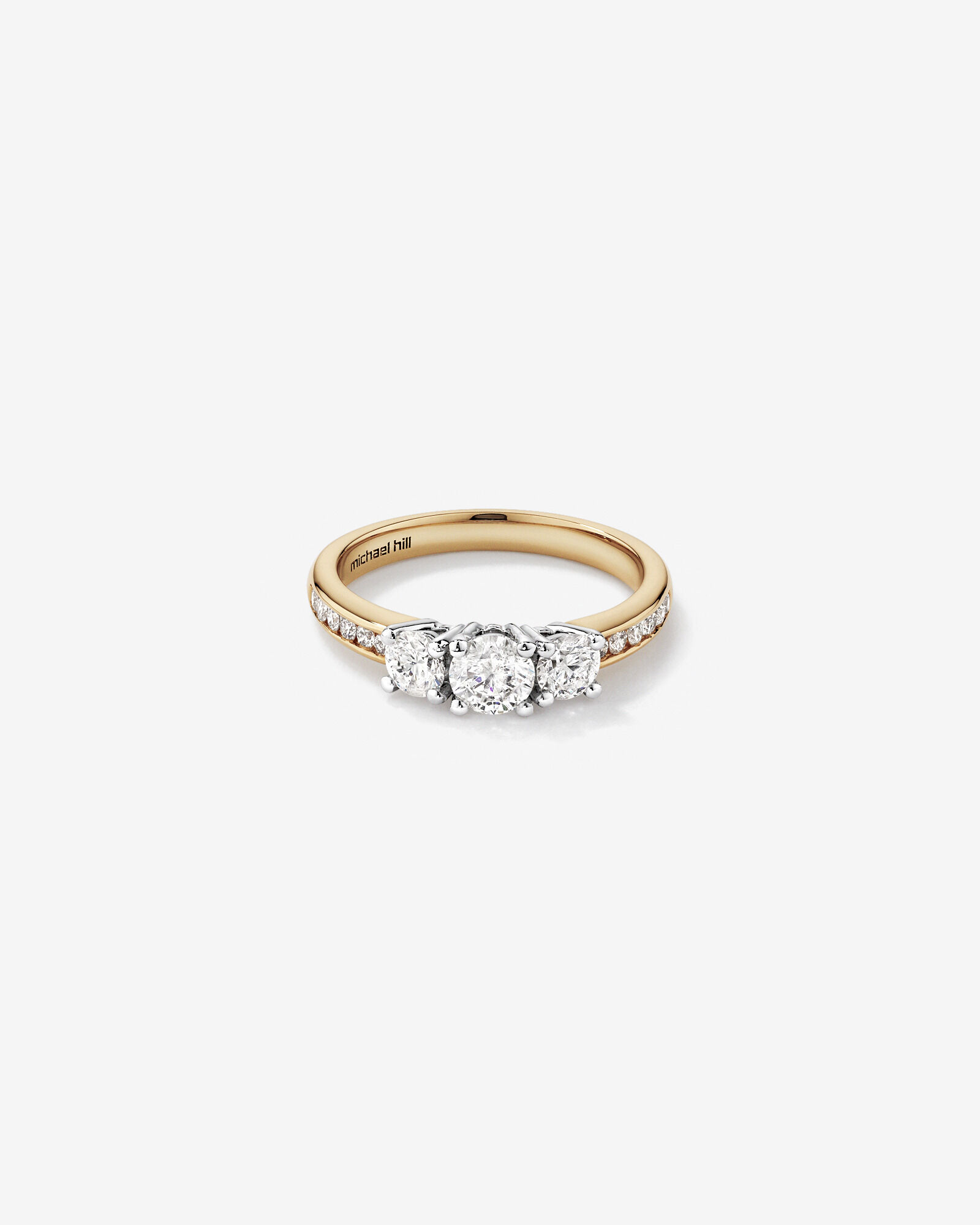 Bague de fiançailles à trois pierres en diamant taille brillant rond de 1,00 carat en or jaune et blanc 14 carats