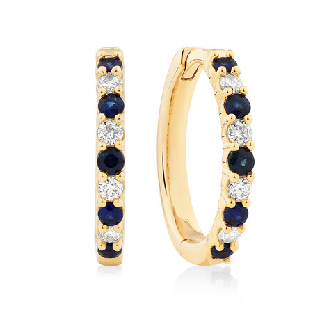 Huggie Earrings with Sapphire & 0.20 Carat TW of Diamonds in 10kt Yellow Gold Huggie Earrings with Sapphire & 0.20 Carat TW of Diamonds in 10kt Yellow Gold