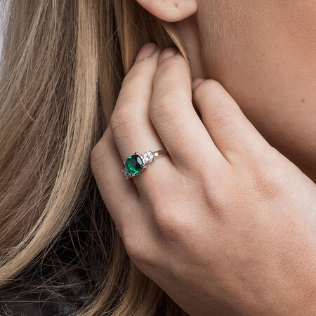 Ring with Diamonds & Created Emerald in 10kt White Gold Ring with Diamonds & Created Emerald in 10kt White Gold
