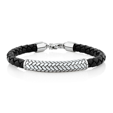 Patterned Bracelet In Black Leather & Sterling Silver Patterned Bracelet In Black Leather & Sterling Silver