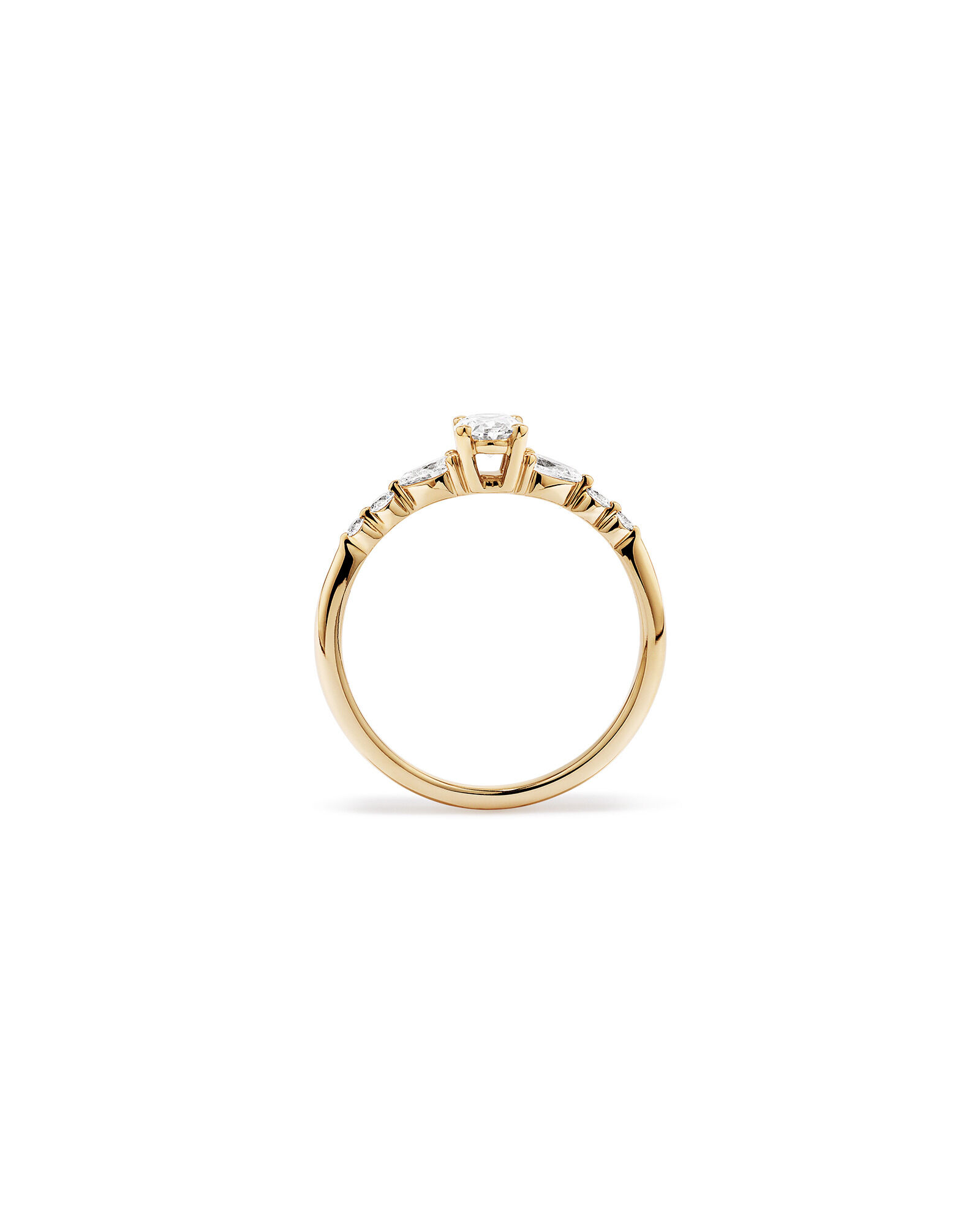 0.59 Carat TW Oval and Pear Sidestone Engagement Ring in 14kt Yellow Gold