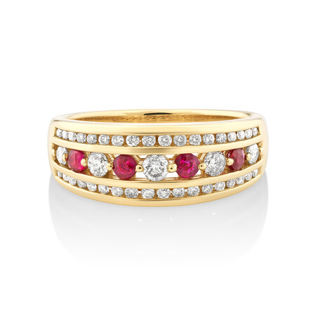 3 Row Ring with Ruby & 0.50 Carat TW of Diamonds in 14kt of Yellow Gold 3 Row Ring with Ruby & 0.50 Carat TW of Diamonds in 14kt of Yellow Gold