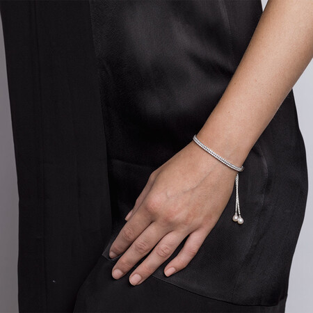 Adjustable Bracelet with Cubic Zirconia & Cultured Freshwater Pearl in Sterling Silver Adjustable Bracelet with Cubic Zirconia & Cultured Freshwater Pearl in Sterling Silver