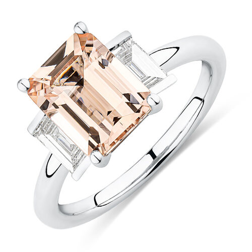 Sir Michael Hill Designer Emerald Cut Engagement Ring with Morganite & 0.48 Carat TW of Diamonds in 18kt White Gold
