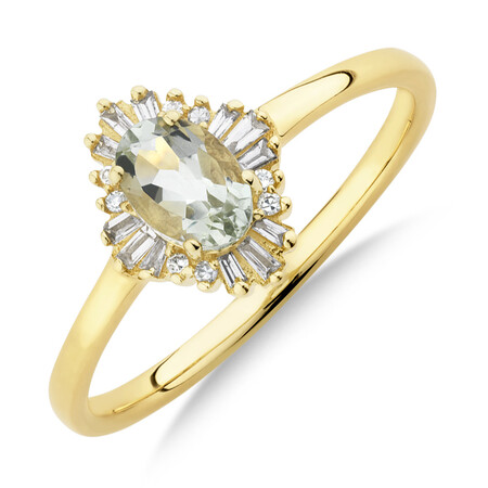 Ring with Green Amethyst & Diamonds in 10kt Yellow Gold