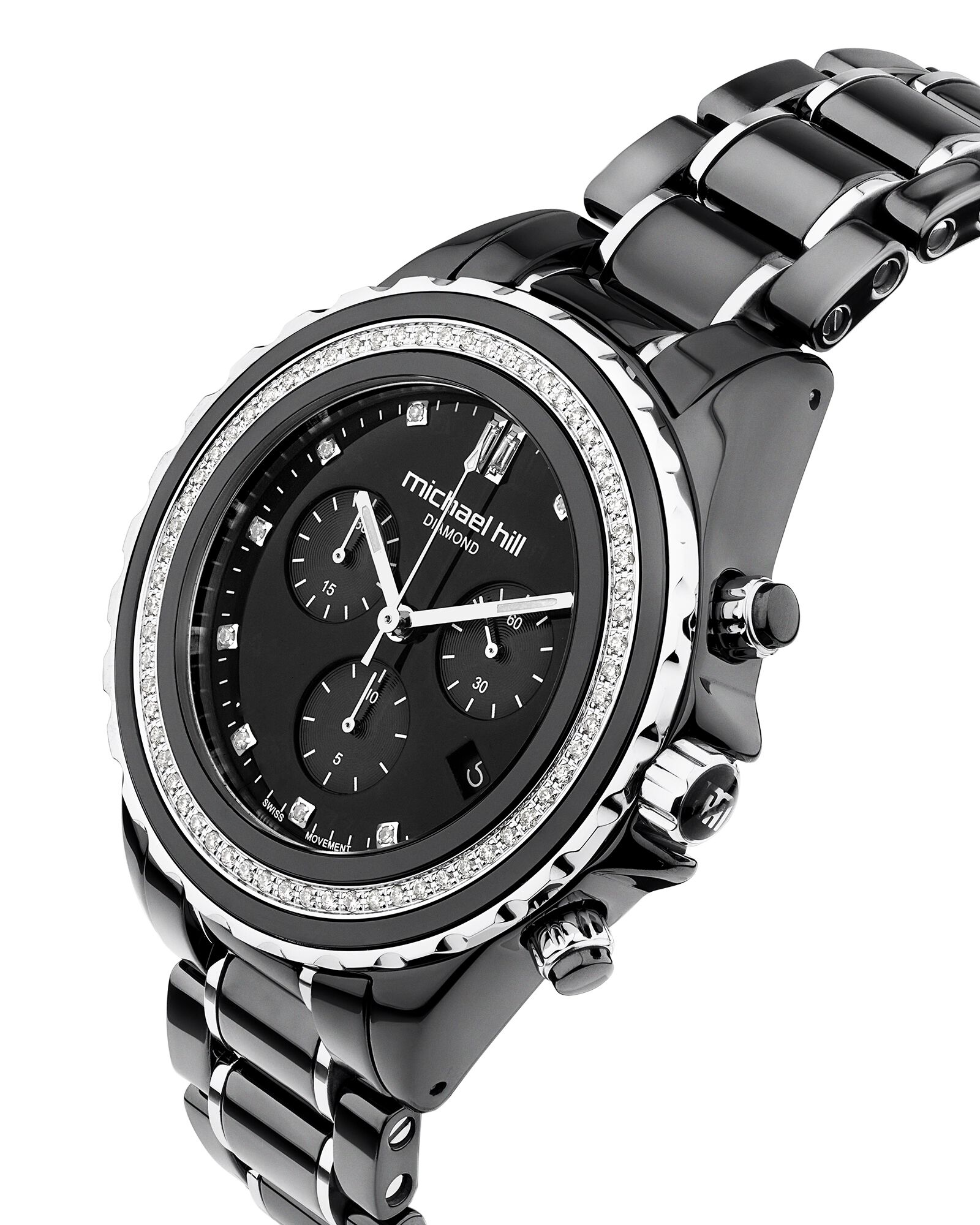 Unisex Chronograph Watch with 1/2 Carat TW of Diamonds Black Ceramic & Stainless Steel