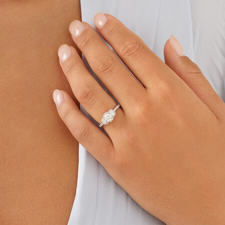 Sir Michael Hill Designer Three Stone Halo Engagement Ring with 1.07 Carat TW of Diamonds in 18kt White Gold Sir Michael Hill Designer Three Stone Halo Engagement Ring with 1.07 Carat TW of Diamonds in 18kt White Gold