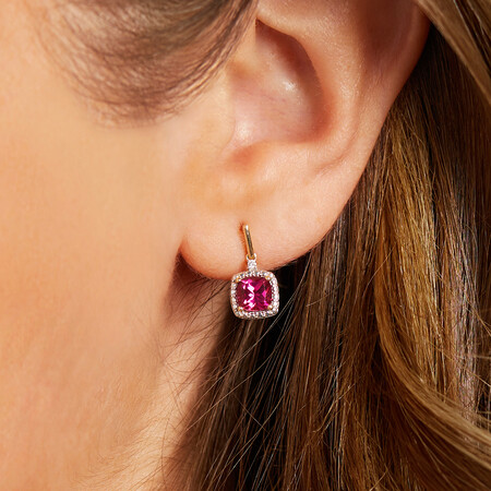 Stud Earrings with Created Ruby & Diamonds In 10kt Yellow & White Gold Stud Earrings with Created Ruby & Diamonds In 10kt Yellow & White Gold