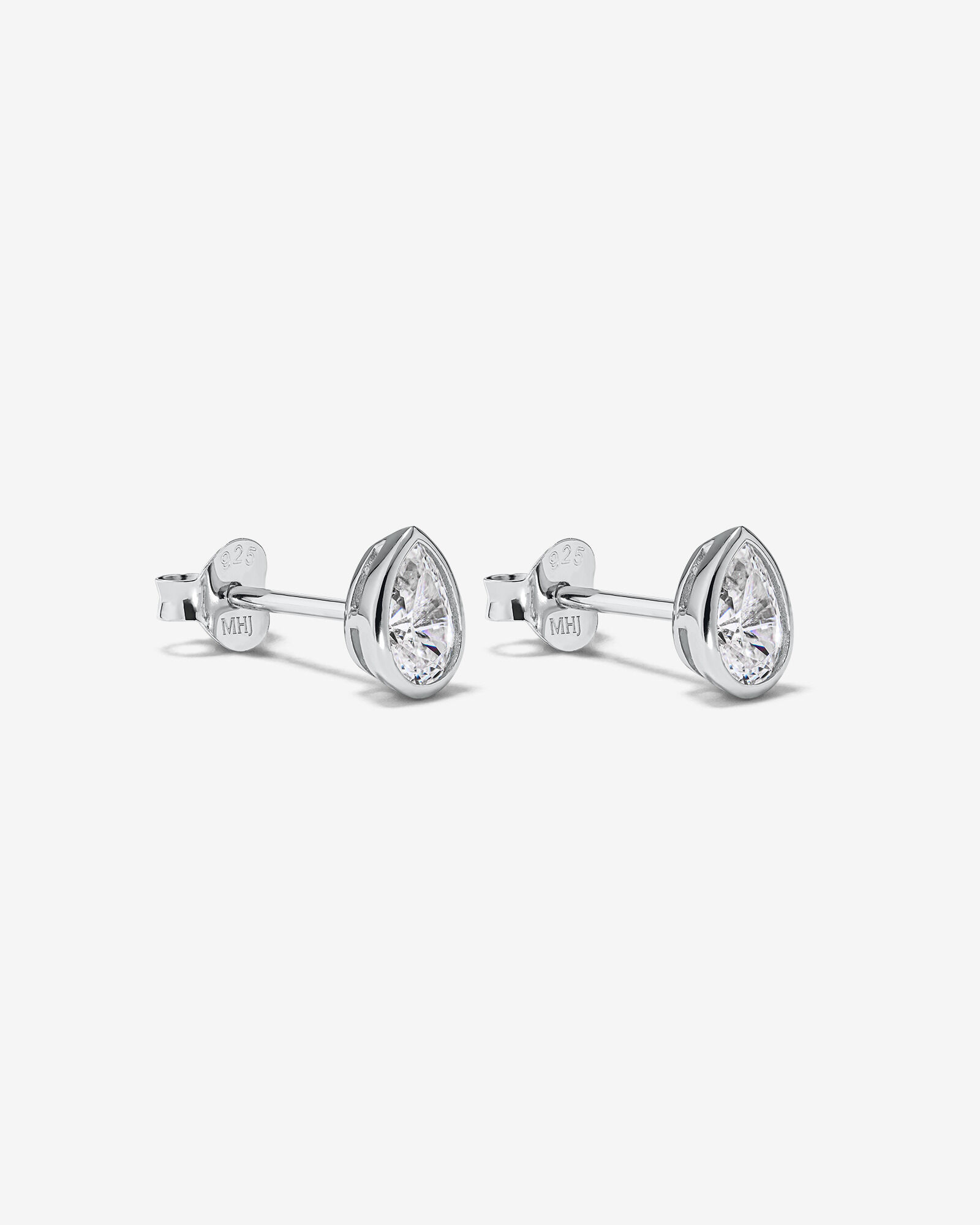 Pear Shaped Cubic Zirconia Bezel Set Stud Earrings in Sterling Silver