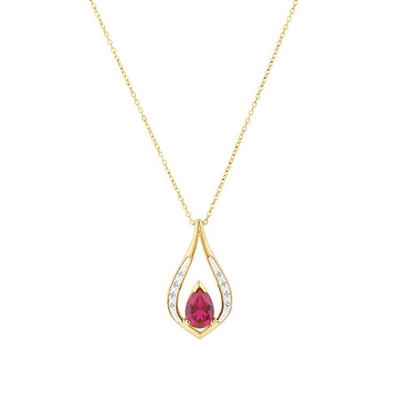Pear Drop Pendant with Created Ruby & Diamonds in 10kt Yellow Gold Pear Drop Pendant with Created Ruby & Diamonds in 10kt Yellow Gold