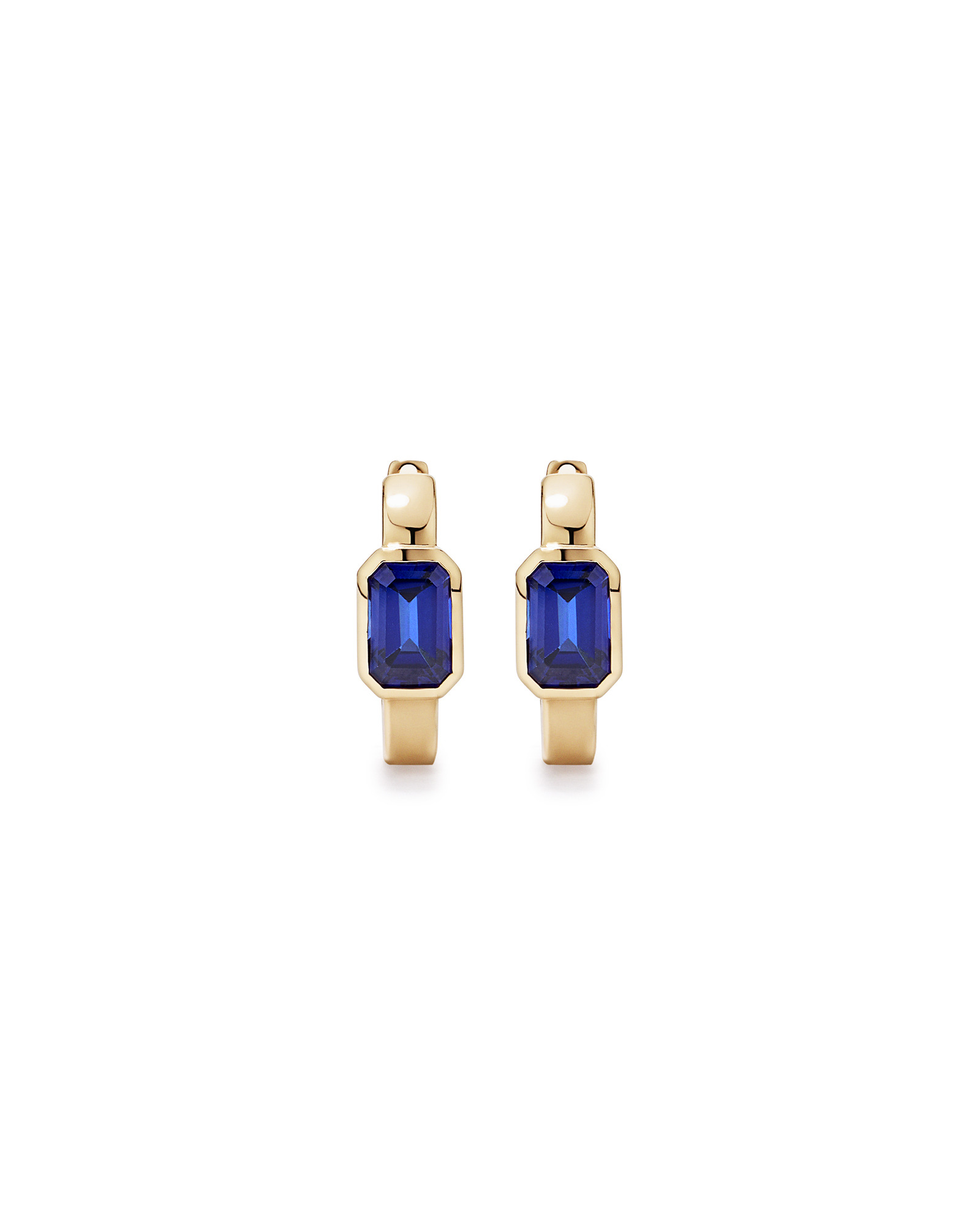 Created Sapphire Bezel Huggie Earrings in 10kt Yellow Gold
