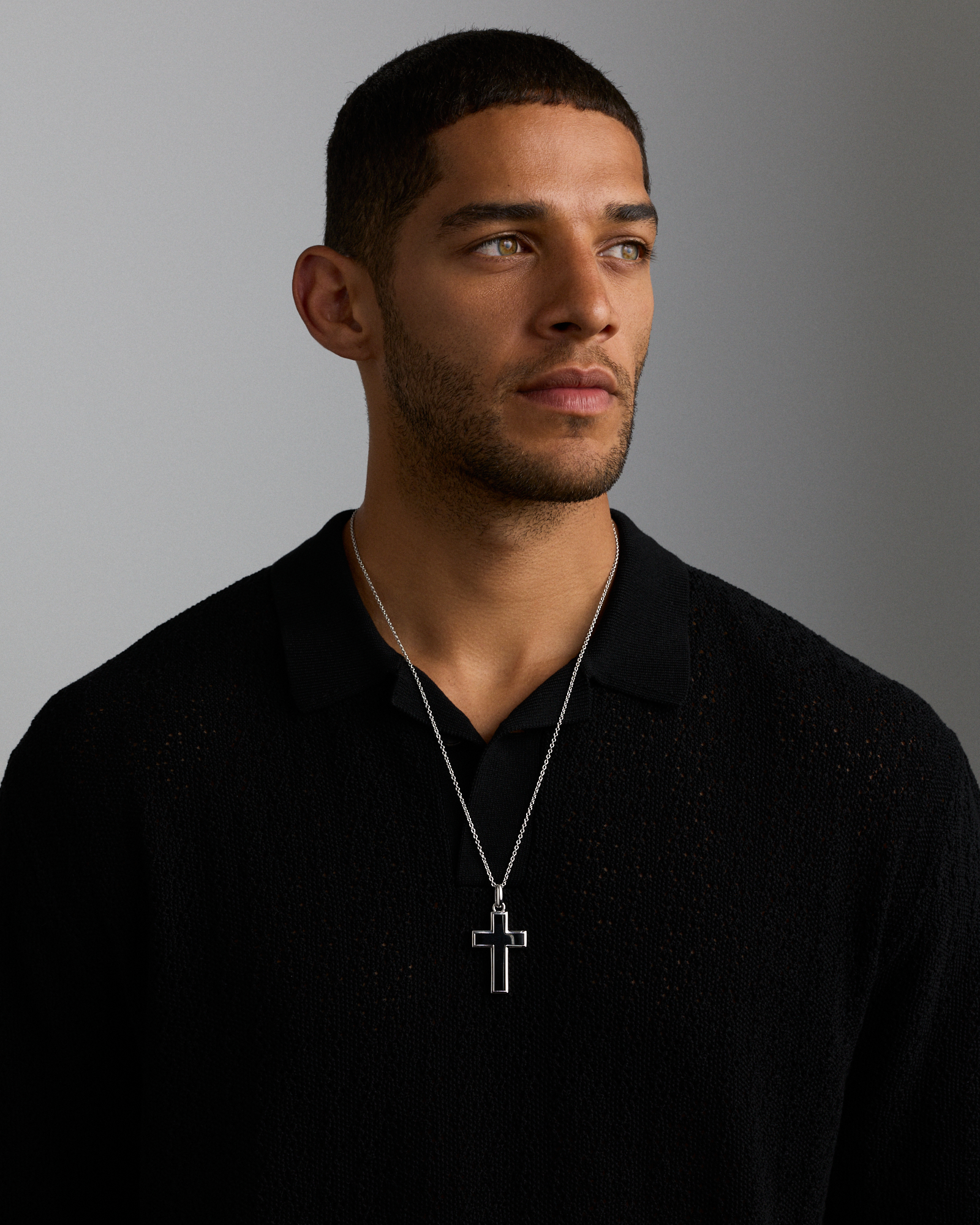 Onyx Cross Pendant in Silver with 65cm Cable Chain