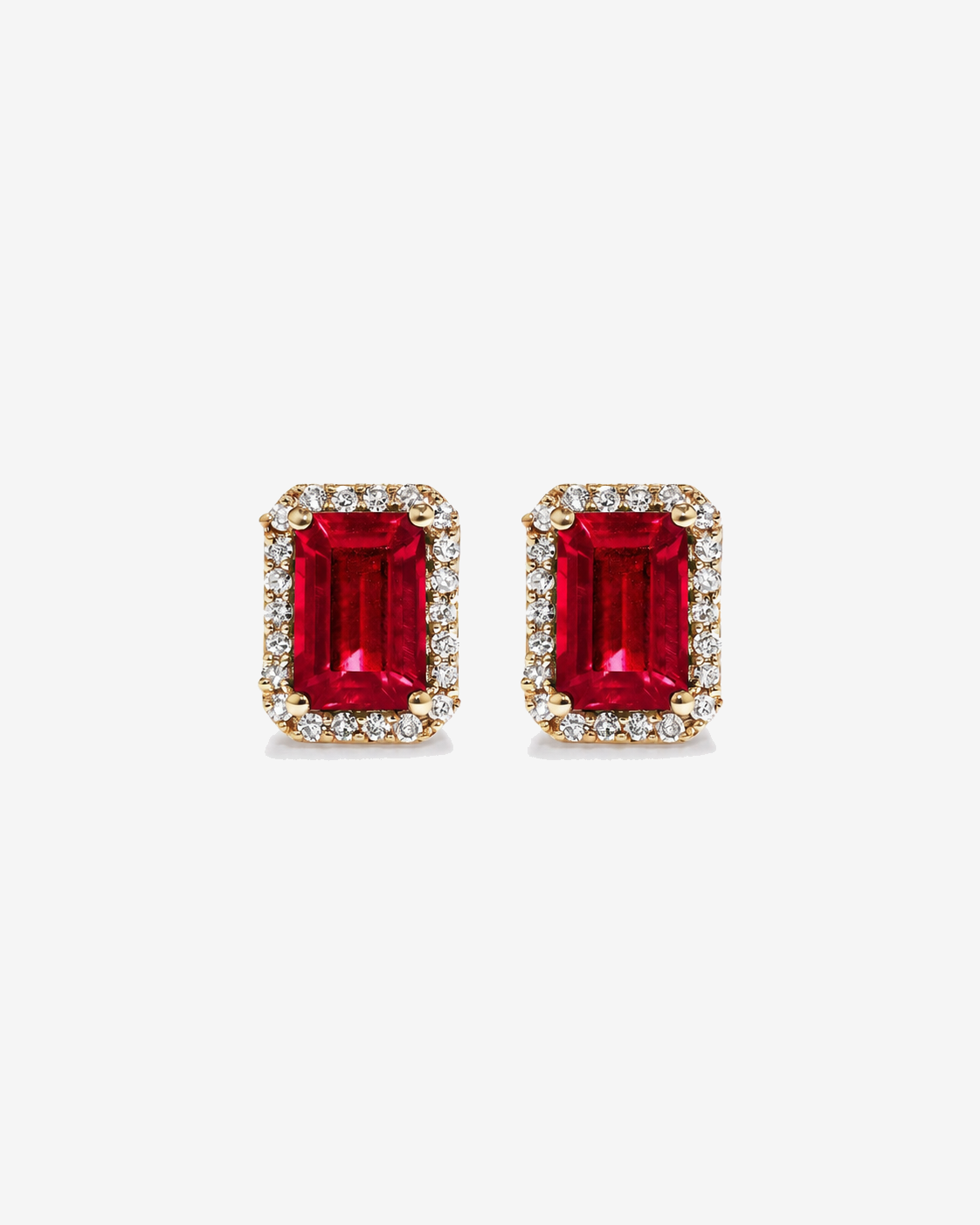 Emerald Cut Created Ruby and Diamond Halo Earrings in 10kt Yellow Gold