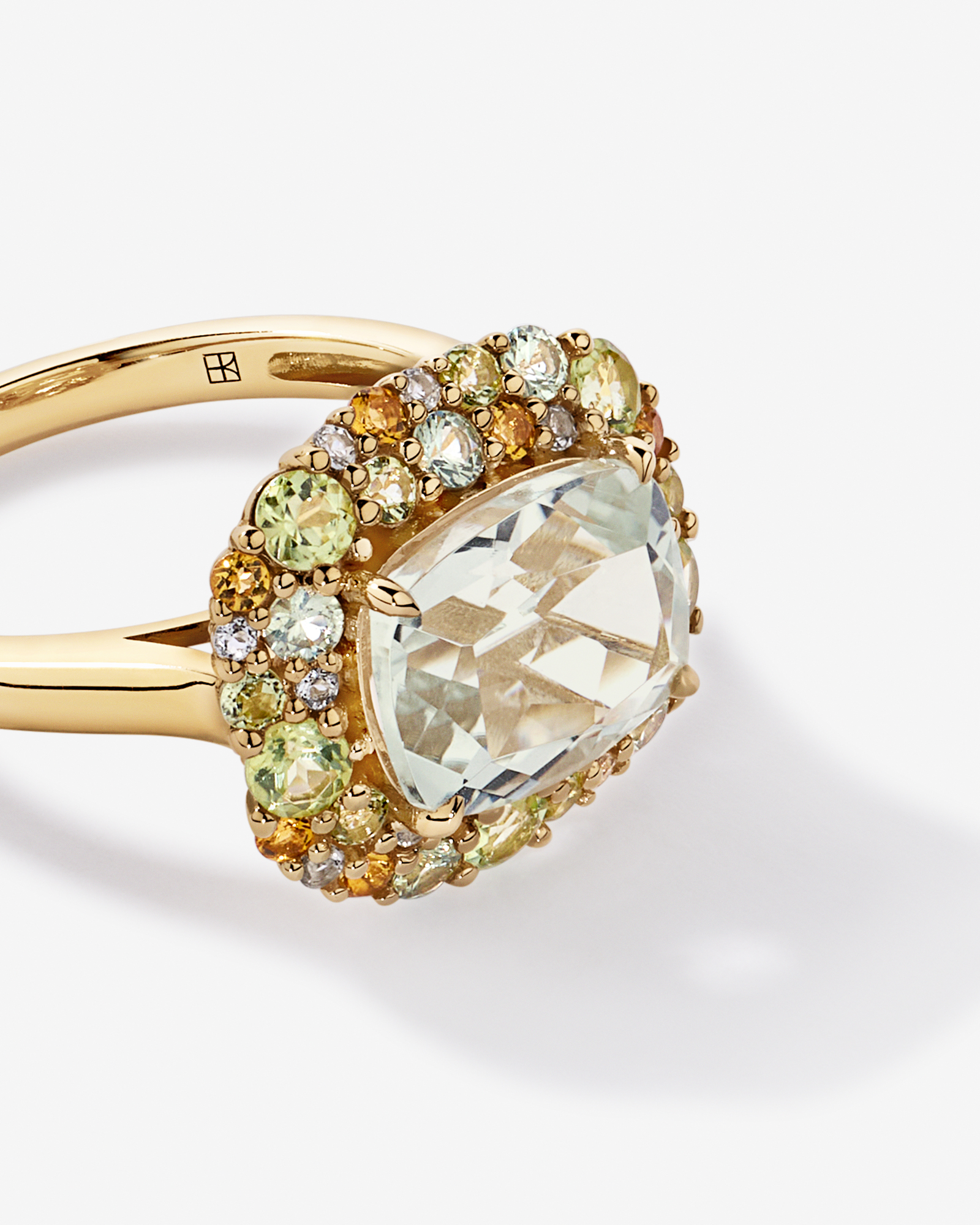 Green Amethyst, Peridot, Citrine & White Topaz Halo Ring 10kt Yellow Gold