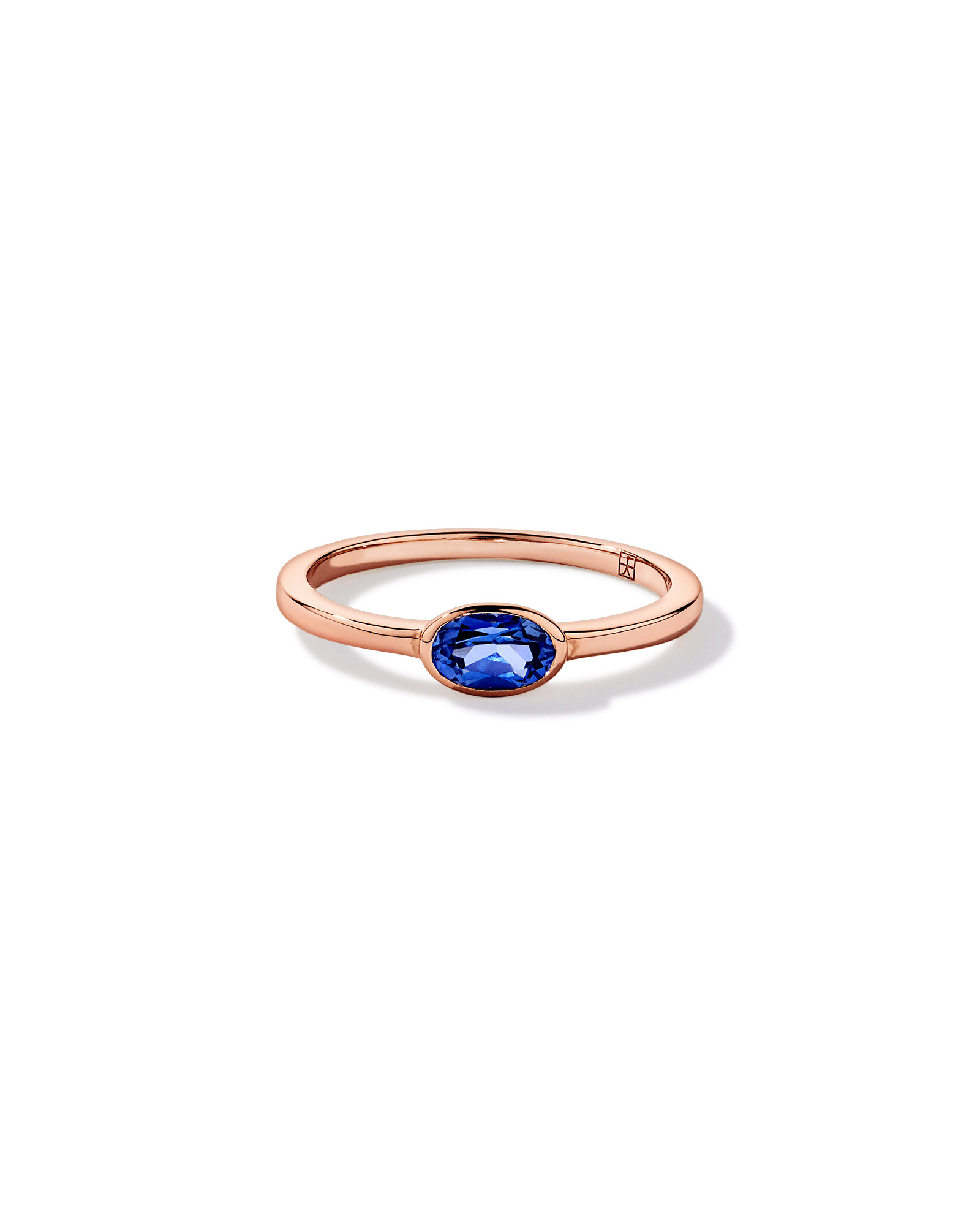Oval Blue Created Sapphire East-to-West Set Bezel Ring 10kt Rose Gold