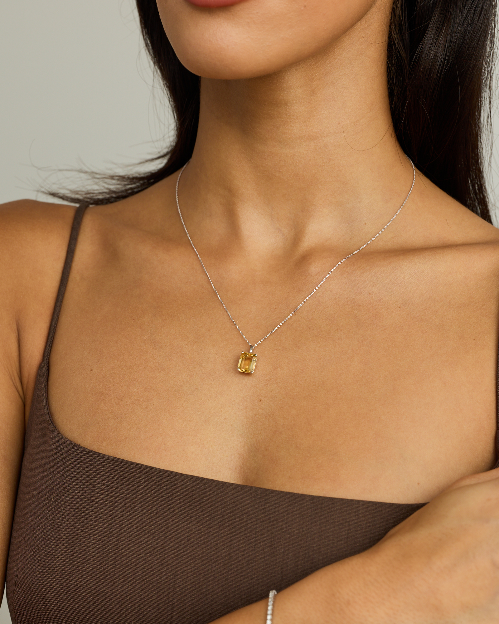Emerald Cut Soft Champagne Citrine Pendant with Chain in Sterling Silver