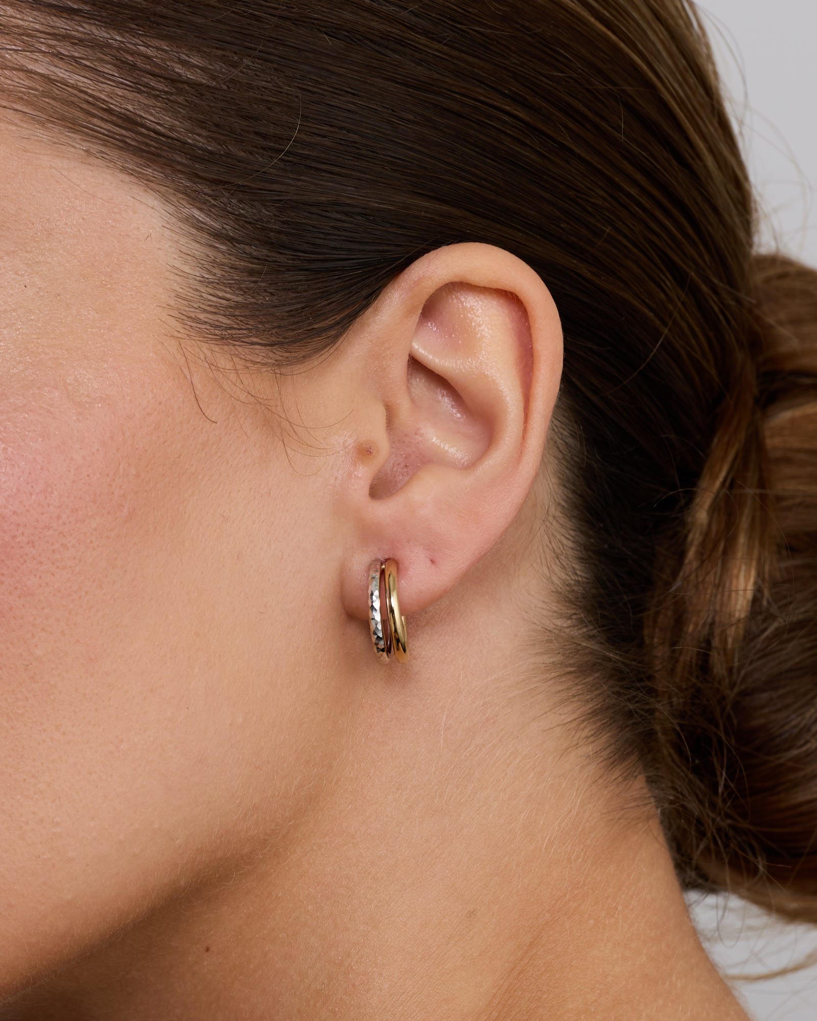 Two-Tone Double Half Hoop Hammered Finish Stud Earrings in 10kt White and Yellow Gold