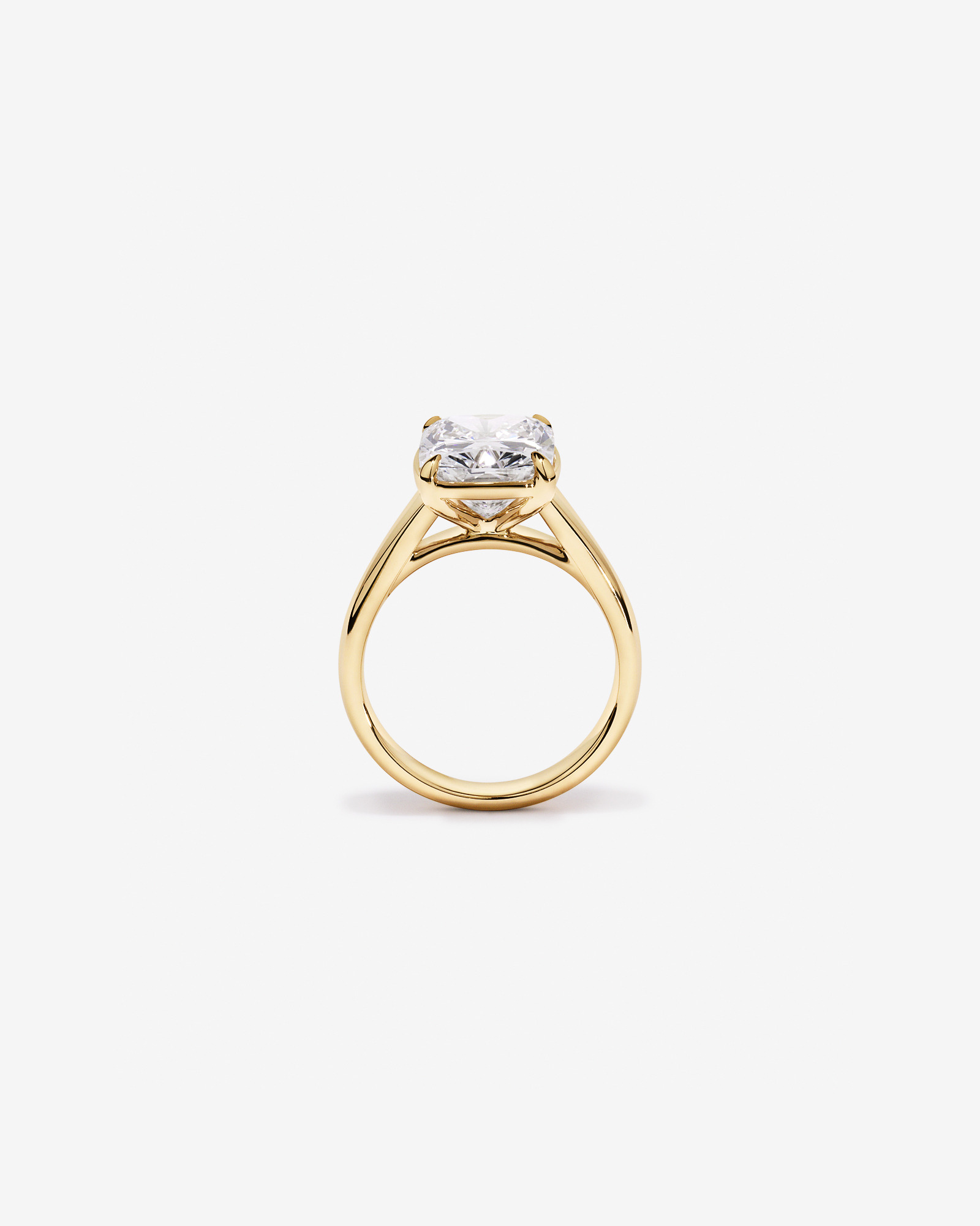 5.00 Carat Laboratory-Grown Elongated Cushion Diamond Solitaire Four Claw with Low Set Bezel Engagement Ring 14kt Yellow Gold