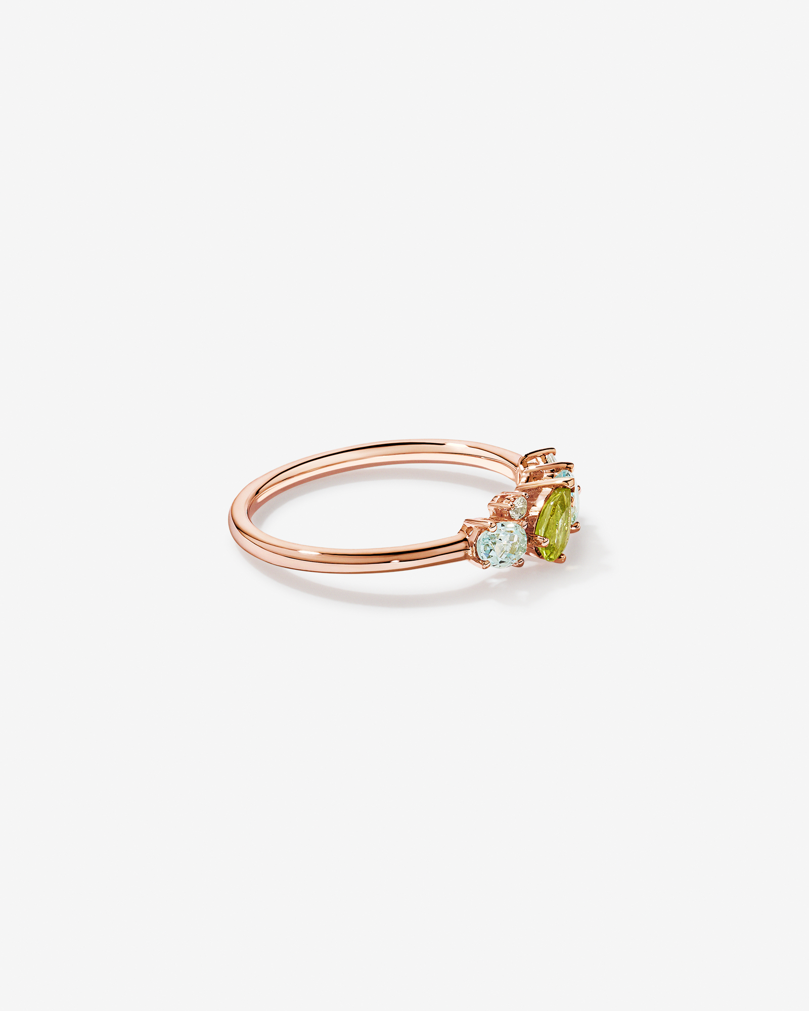 Péridot, topaze bleu ciel, améthyste verte et blanche bague multi-gemmes en or rose 10 carats