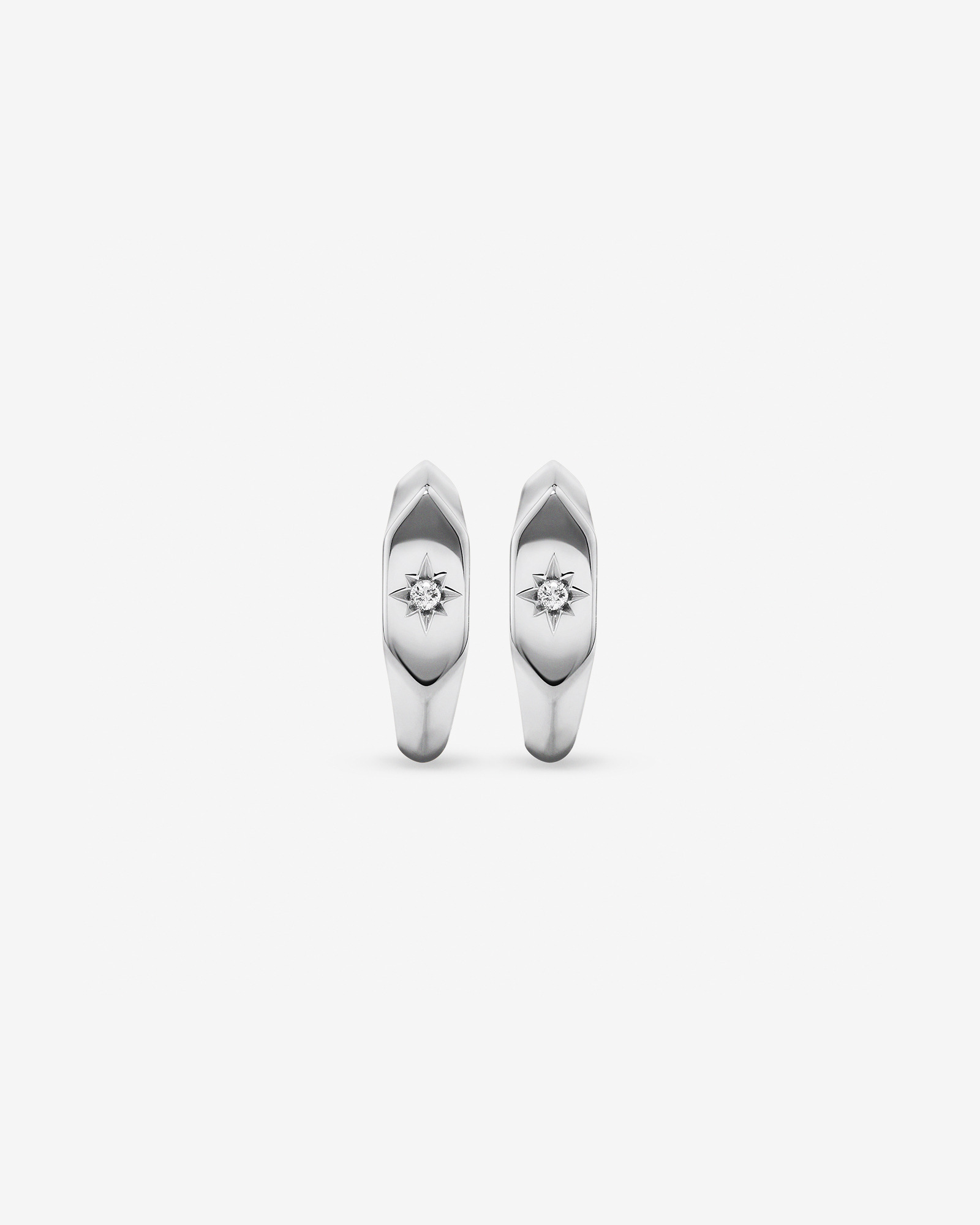 Diamond Star Accent Signet Huggie Hoop Earrings in Sterling Silver