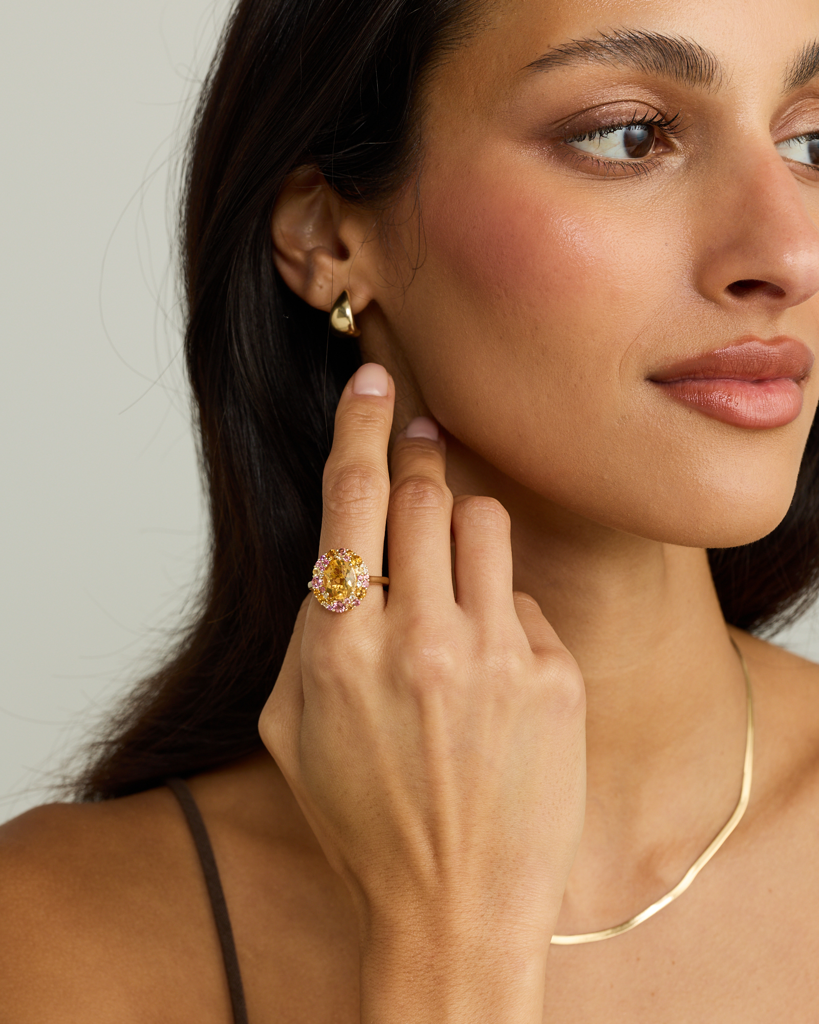 Oval Cut Citrine, Pink Tourmaline & White Topaz Halo Ring 10kt Yellow Gold