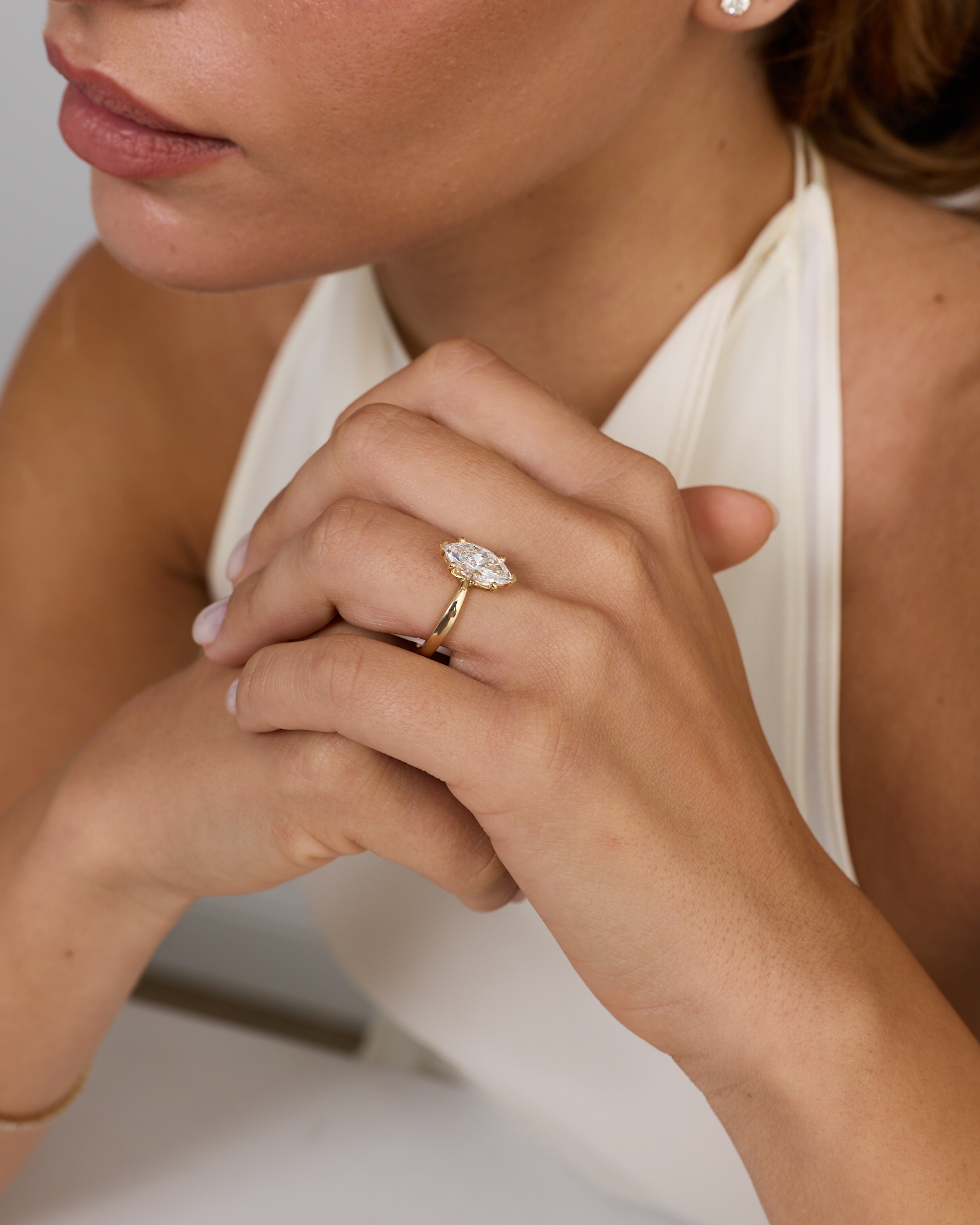 Bague solitaire marquise en or jaune 14 carats avec diamant de laboratoire (poids total 2,00 carats)