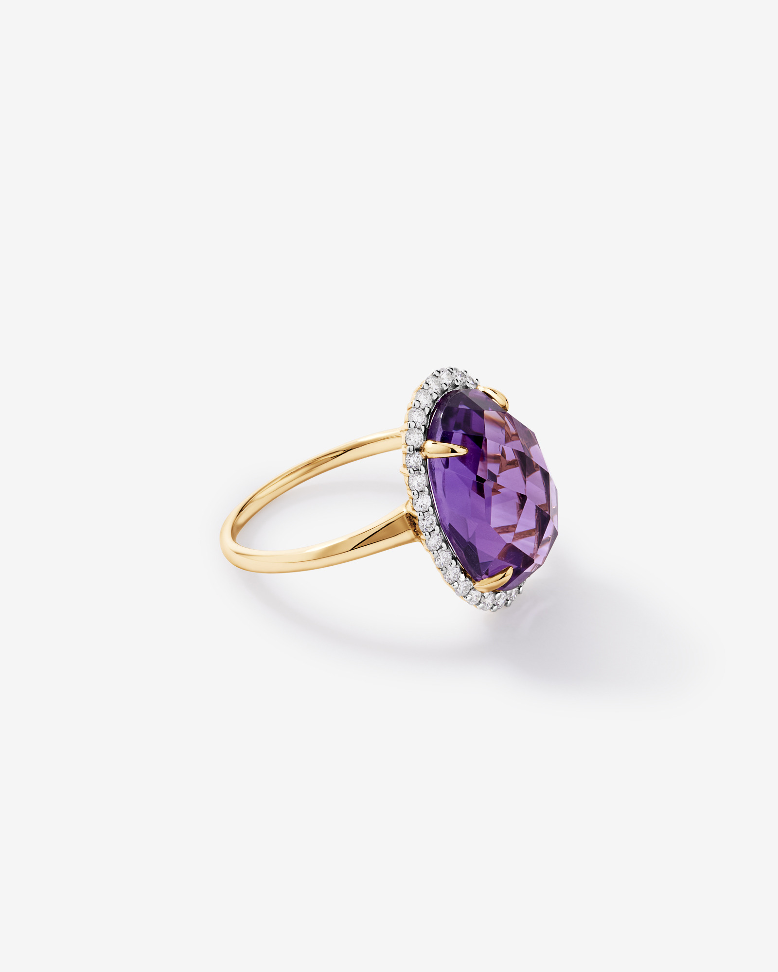 Oval Amethyst & 0.35 Carat TW Diamond Halo Ring 10kt Yellow Gold with Rhodium