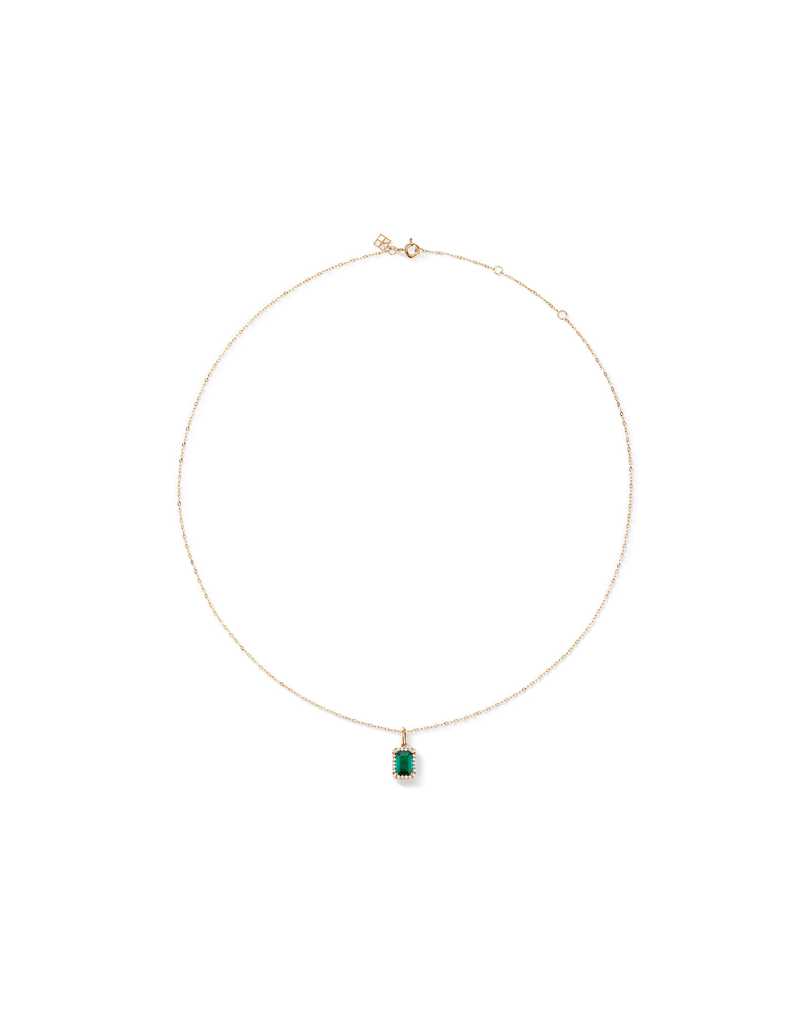 Emerald Cut Green Created Emerald Gemstone and  Diamond Halo Pendant with Chain in 10kt Yellow Gold